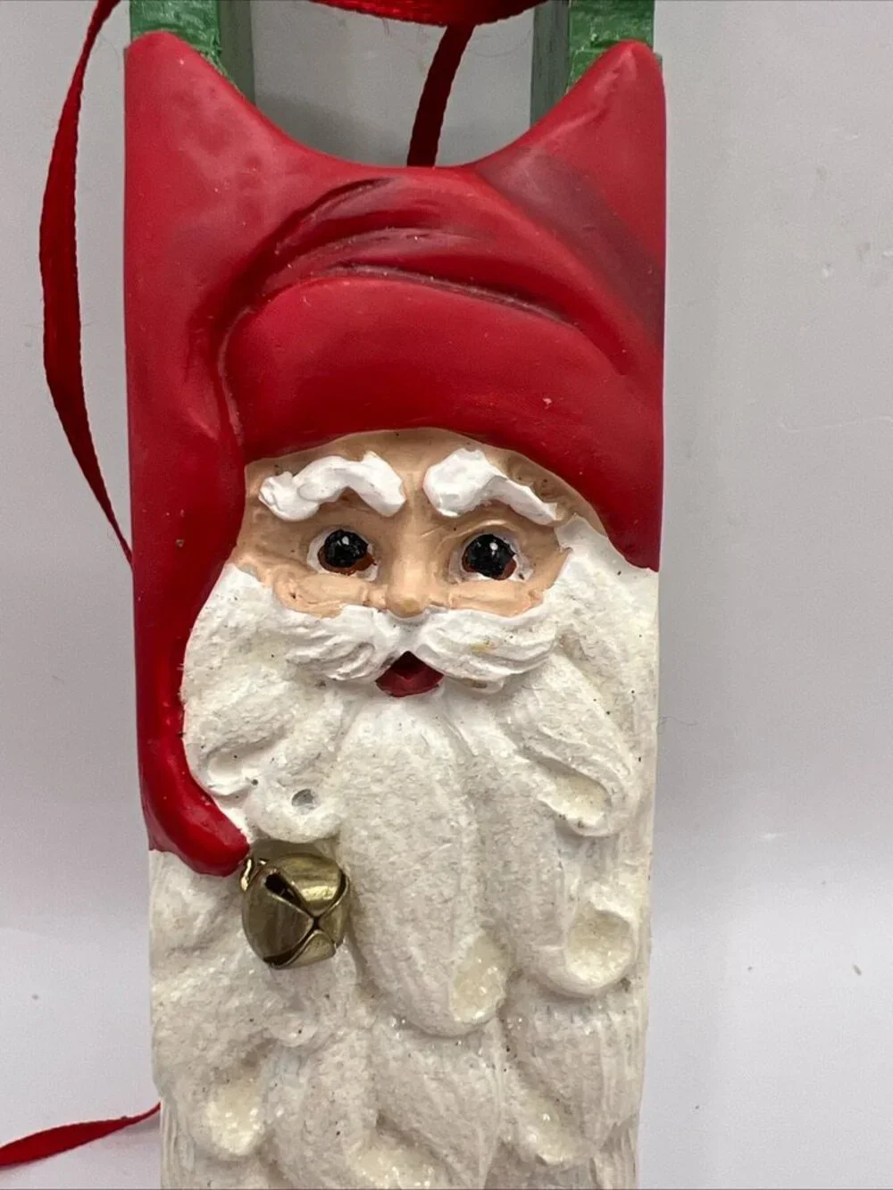 Kurt Adler Santa Head on Wood Sled Christmas Ornament Hand Carved Painted 7
